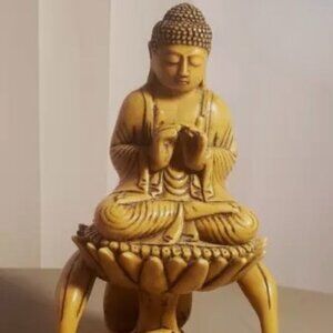 Rare! Vintage Hand-Carved Lord Buddha Meditating On Lotus Stand HEAVY RESIN